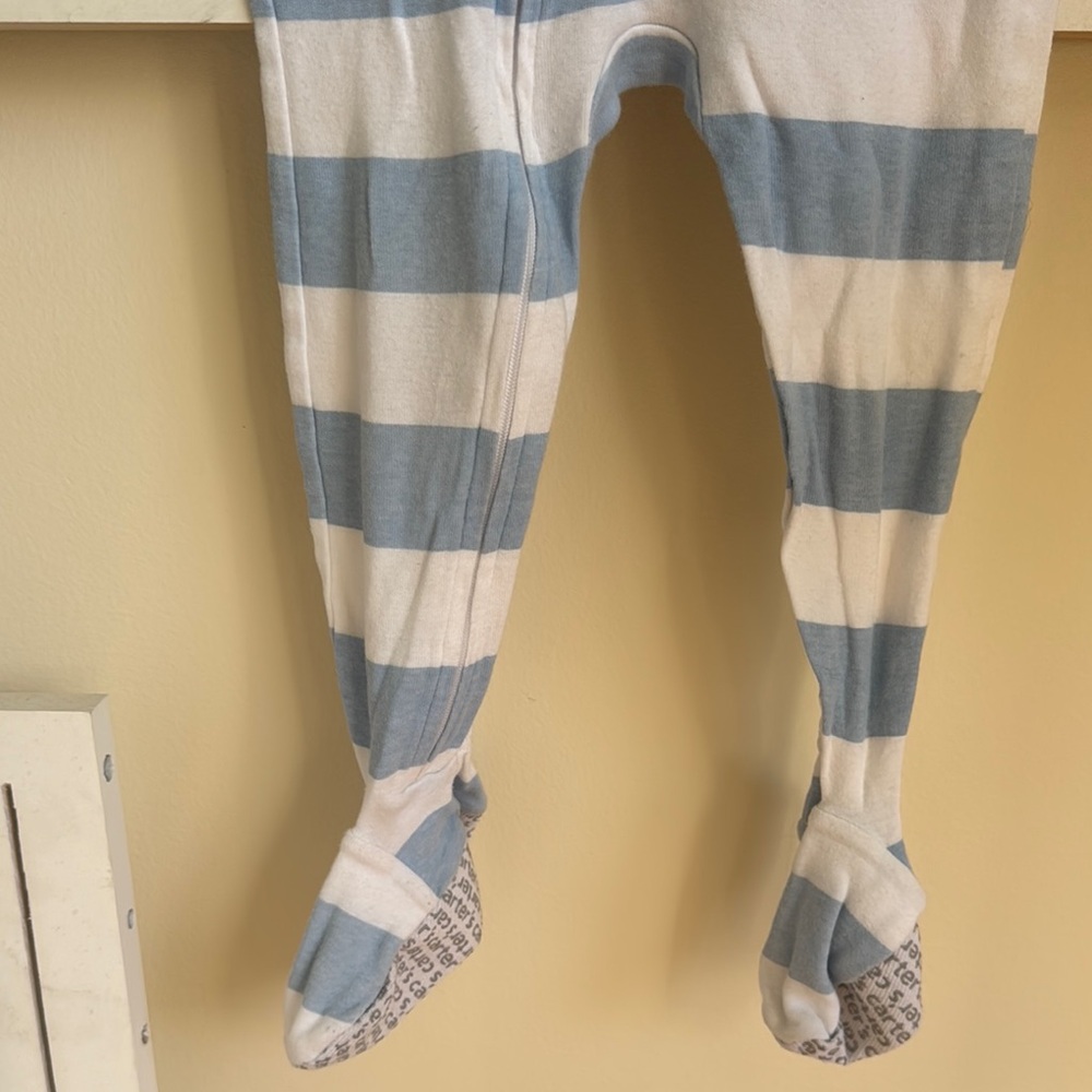 Carters Striped Blue and White Kids One Piece footie pajamas Dinosaur Patch - Picture 4 of 6
